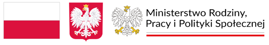 Biało-czerwona flaga Polski, Herb Polski biały orzeł z koroną na czerwonym tle, biały orzeł z koroną i napis Ministerstwa Rodziny, Pracy i Polityki Społecznej.
